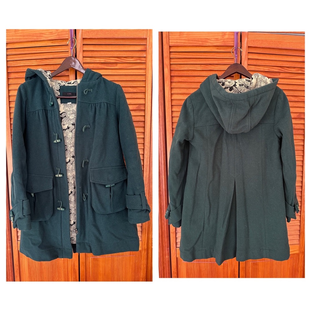 🌲Anthropologie Green Wool Duffle Coat with Toggle Buttons and Hood sz Small🌲